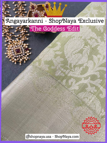ShopNaya Exclusive | Metallic Kanchipuram Pure Silk Saree | Pastel Green | Pure Silver Zari | Handwoven | Ships from California